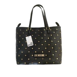 Love Moschino Black Quilted Faux Leather Tote Gold Studded Bag - NWT